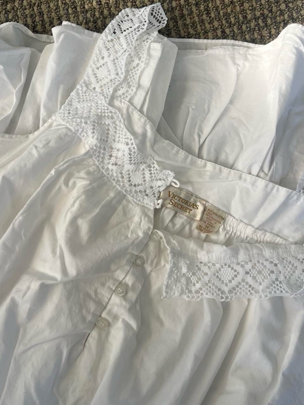 Vintage Gold Label Victoria's Secret White Crochet Lace-Trim Maxi Nightgown